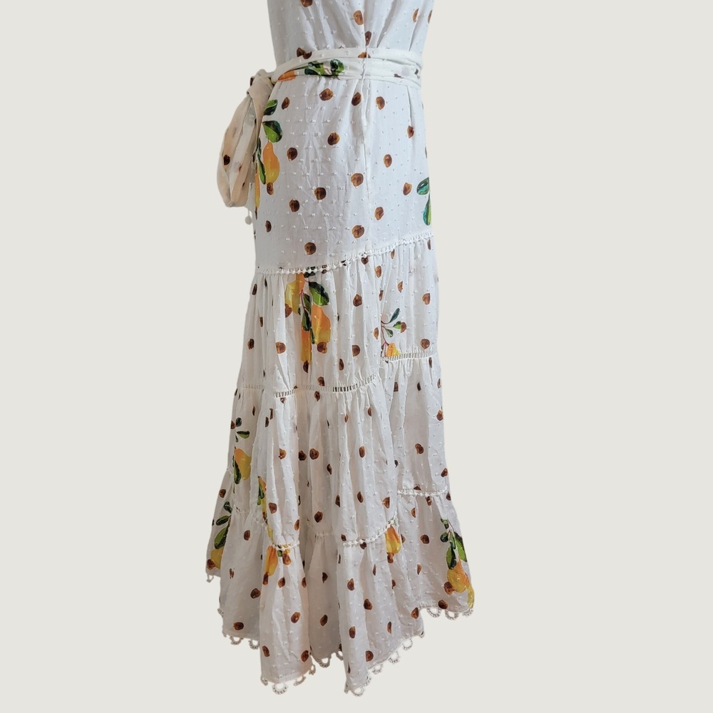 Farm Rio Women XS White Lemon Polka Dot Tiered Halter Maxi Dress Vacation Picnic - Picture 12 of 16